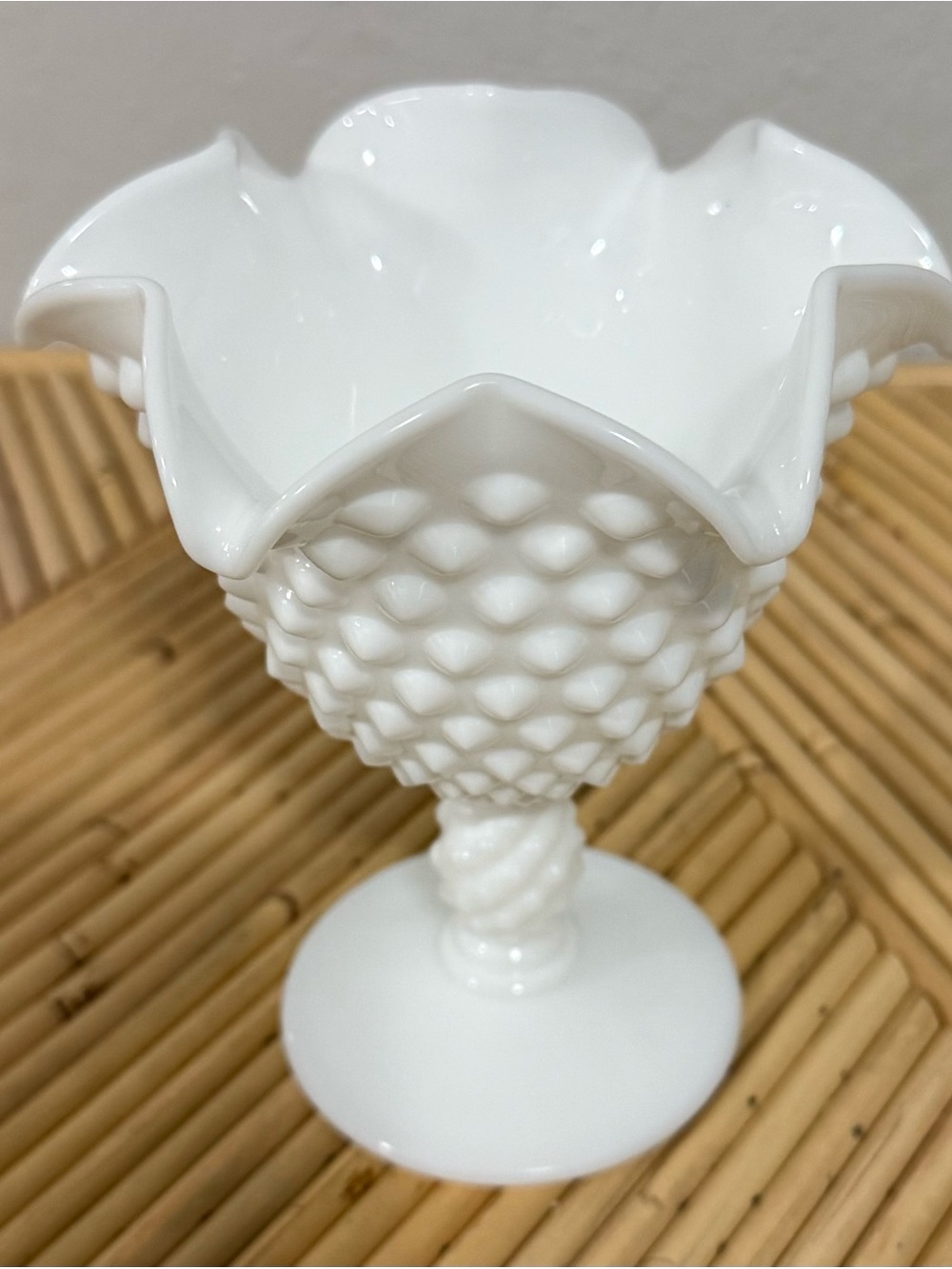 Vintage Fenton #3725 White Milk Glass Hobnail Pedestal Jelly Dish Ruffled Rim